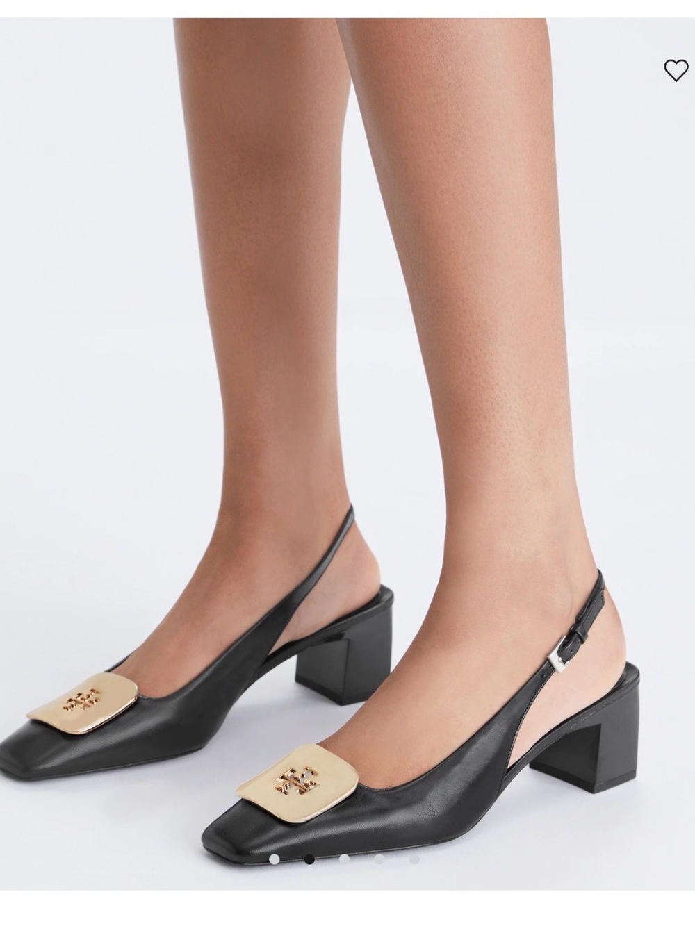 Tory Burch Black Leather Slingback Pumps with Gold Logo Plaque - Picture 2 of 5